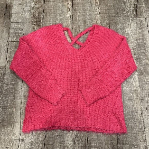 Woven Heart Hot Pink Fuzzy Sweater Eyelash Knit V Neck CrossStrap Womens Size XS - Picture 1 of 8